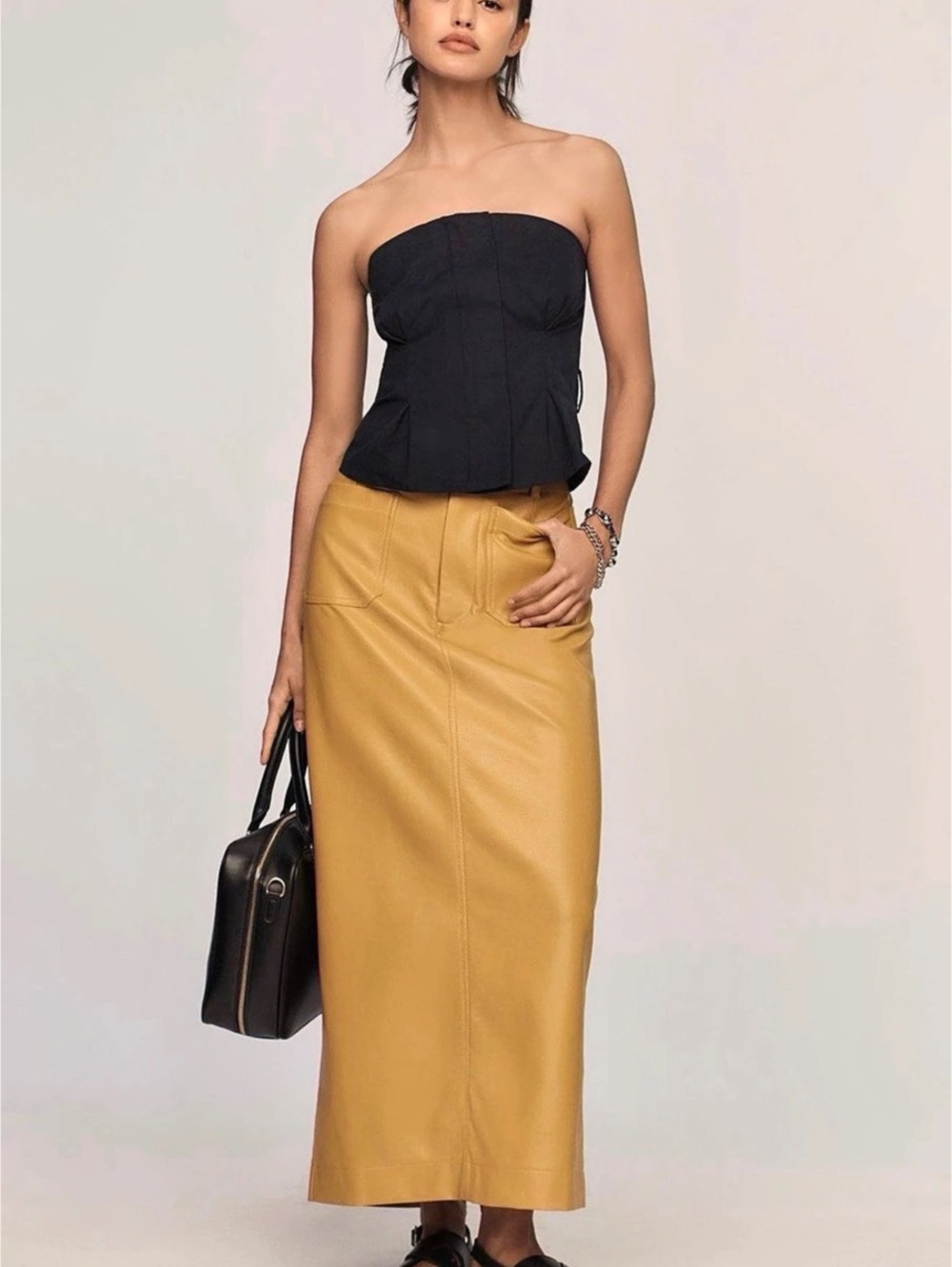 💛 Maeve Anthropologie Colette Faux Leather Maxi Skirt Yellow High Rise Small